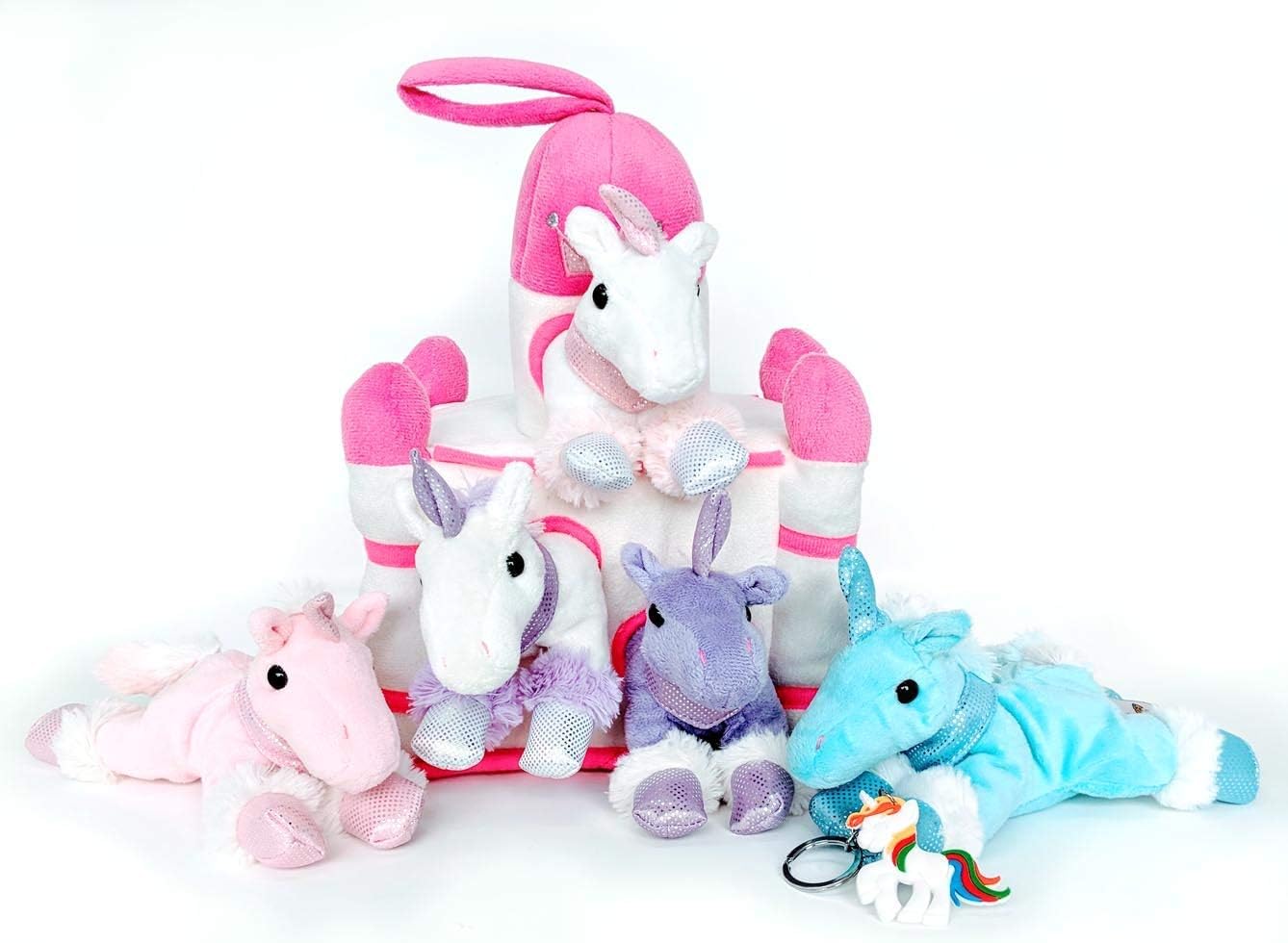 Unicorn Gift Set - 12" White Unicorn Castle with 5 Stuffed Unicorns by Unipak + Unicorn Keychain