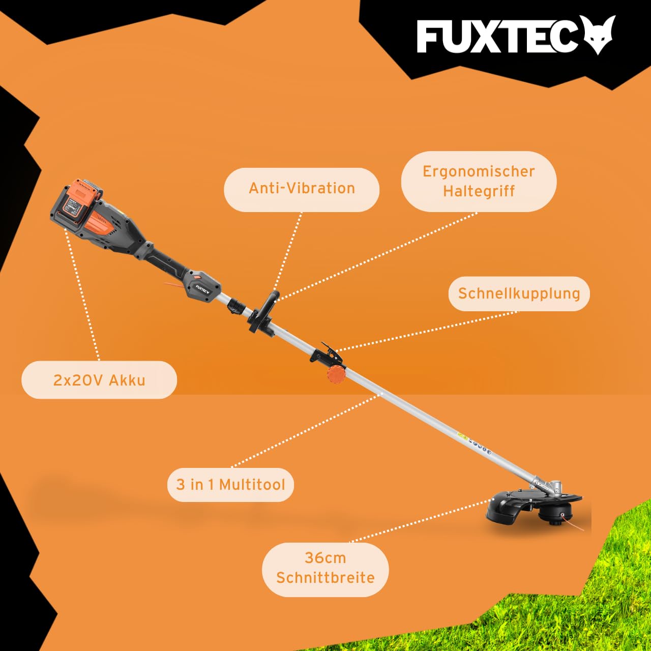 FUXTEC 3in1 Multitool FX-E2MTSET • 40V • Akku Motorsense mit Kettensägen Aufsatz & Heckenschere • Grastrimmer • Freischneider mit Schnellkupplung • Kombigerät