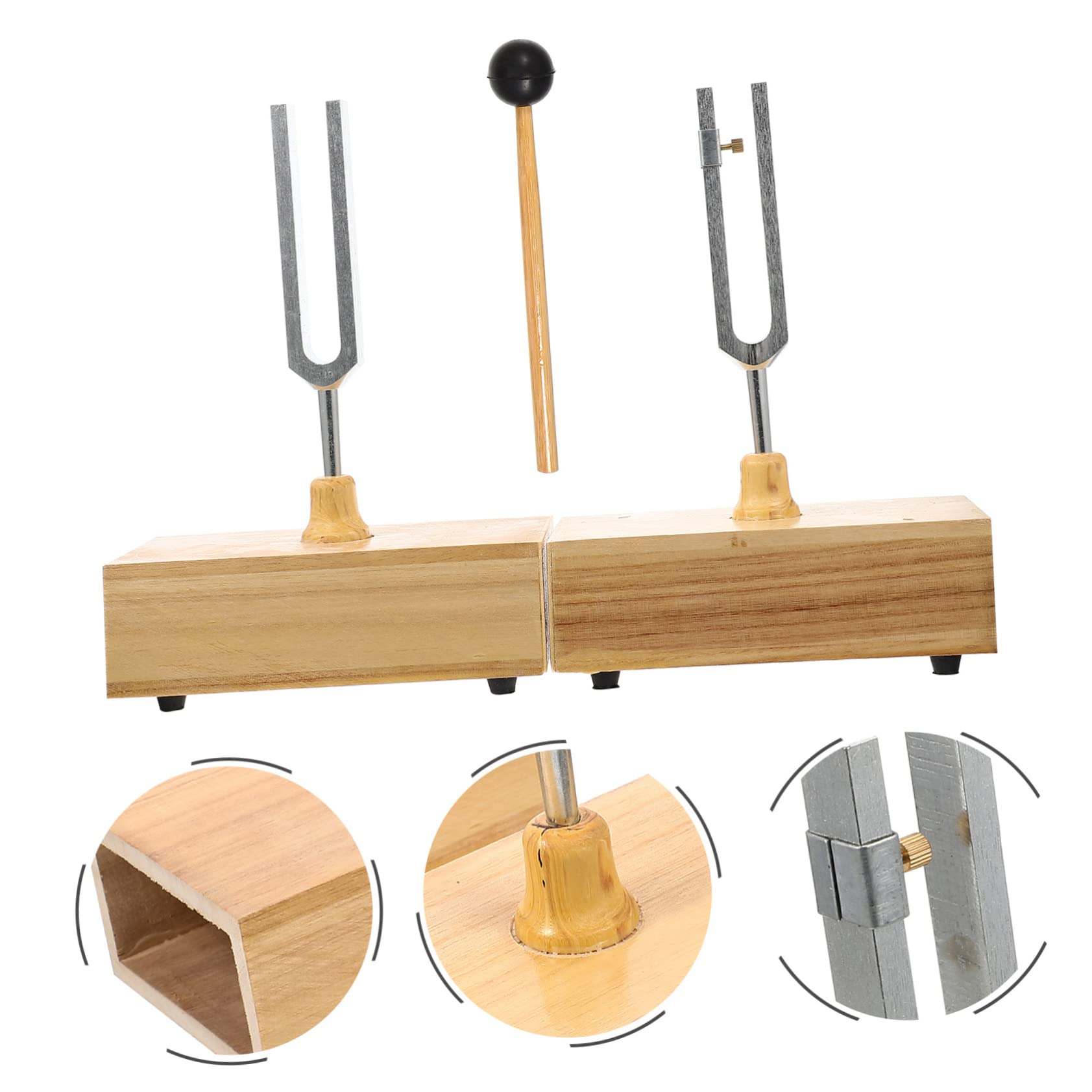 Experiment Stimmgabel 440 Hz Satz mit Hammer und Holzsockel | Lehrversuche, Physikalische Akustik, Metall und Holz, 1 Satz, Stabile Platzierung