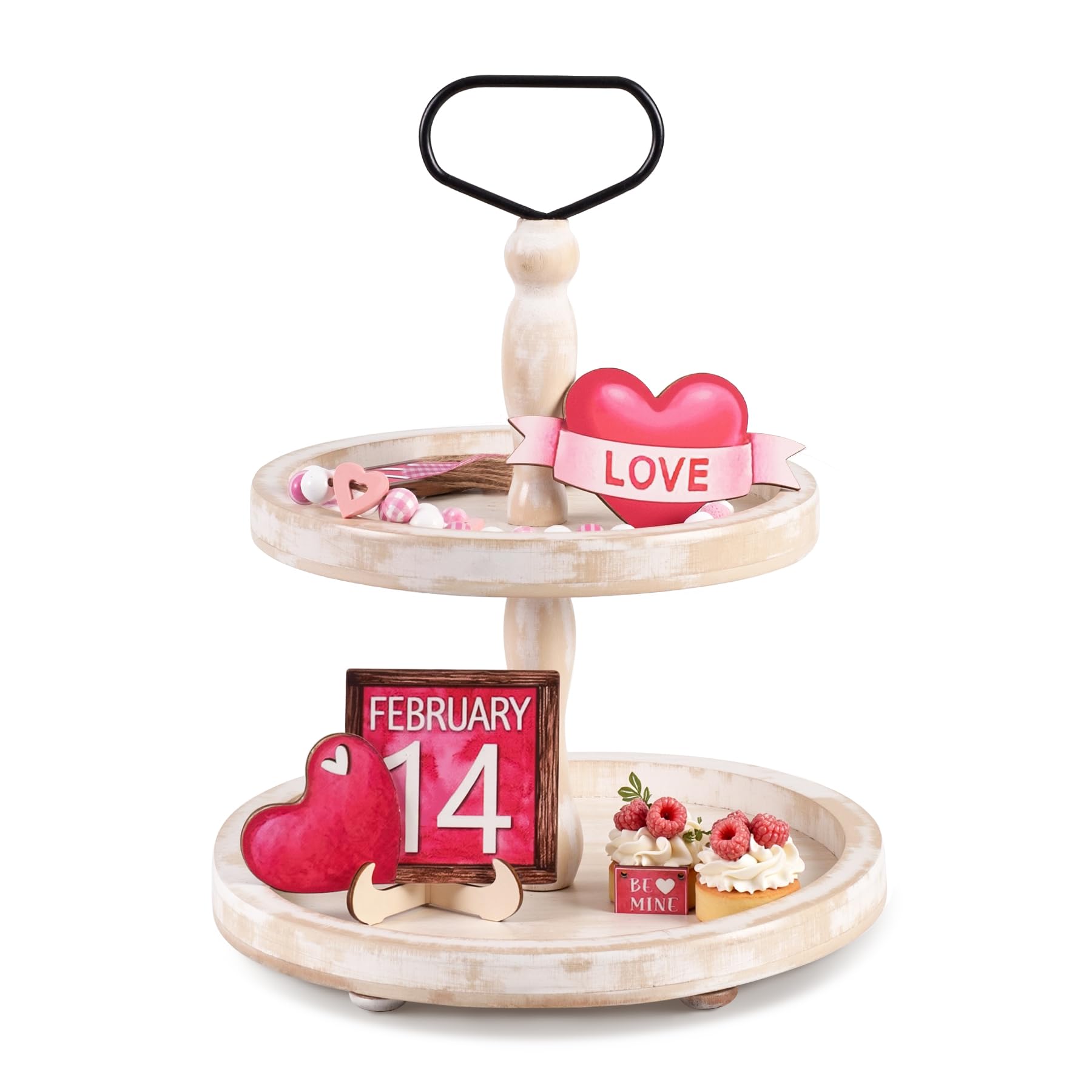 Mustry Rustic Wooden 2 Tiered Tray, Round Farmhouse Kitchen Table Decor Serving Tier Tray, Food Fruits Cupcake Display Coffee Bar Home Party Seasonal Decorations (White)