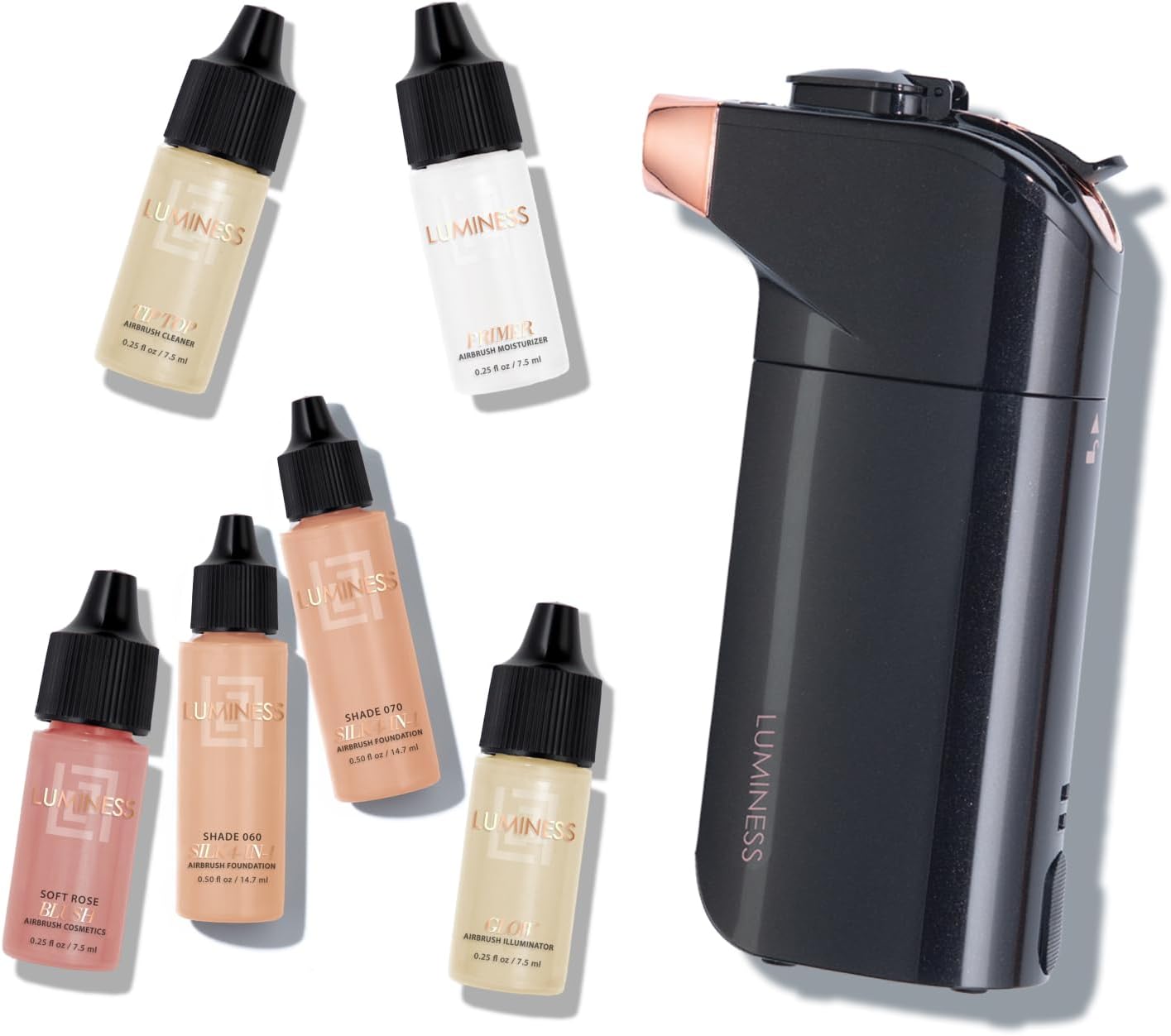 BREEZE DUO Airbrush Makeup System, Warm Coverage – 9-Piece Kit includes 2x Silk Airbrush Foundation, Soft Rose Blush, Glow Highlighter, Moisturizer Primer, and Airbrush Cleaning Solution