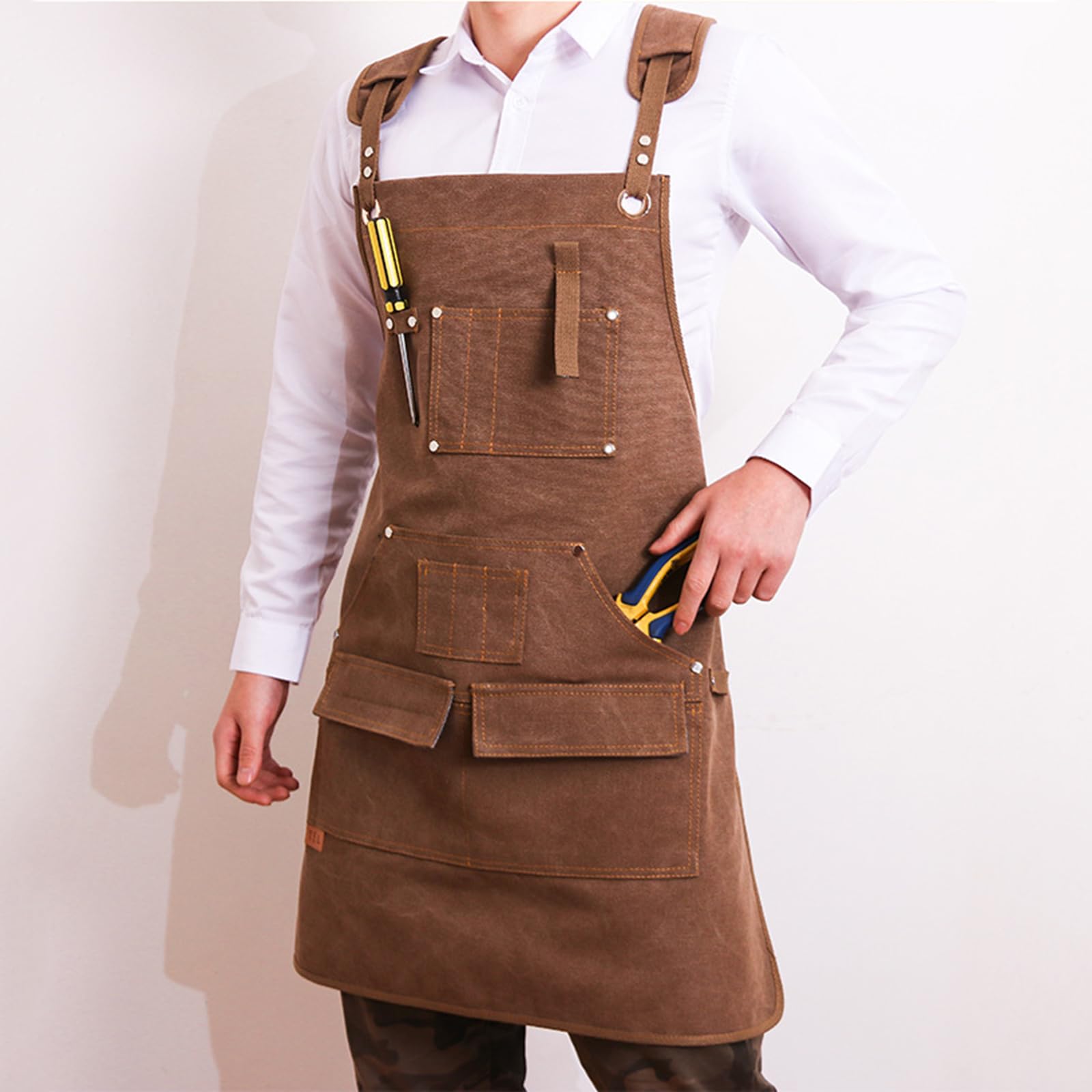 Delantales, Delantal de lona con bolsillos, delantal chef espalda cruzada for hombre, mujer, camarero, carpintero, jardinería, amarillo