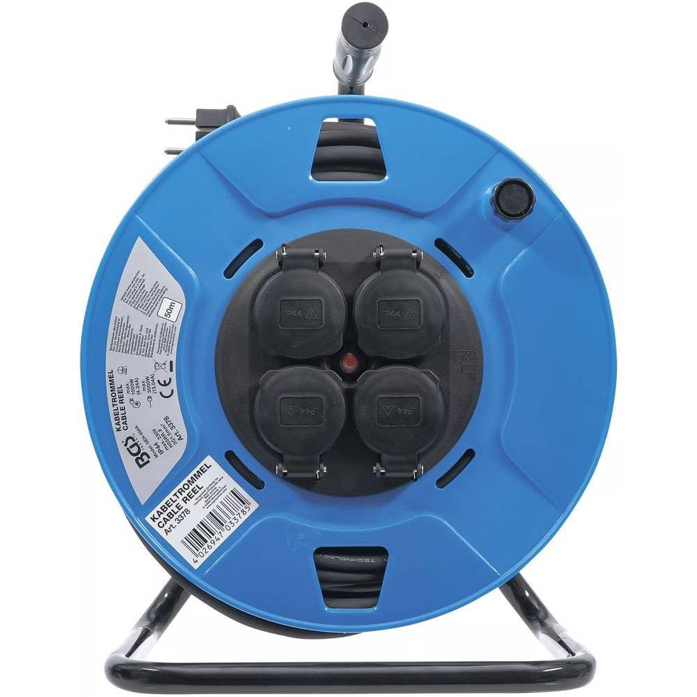 Carrete de cable 50 m 3 x 1,5 mm^2-4 enchufes con válvula, IP44, 3500 W - Seguridad y practicidad - D-Work