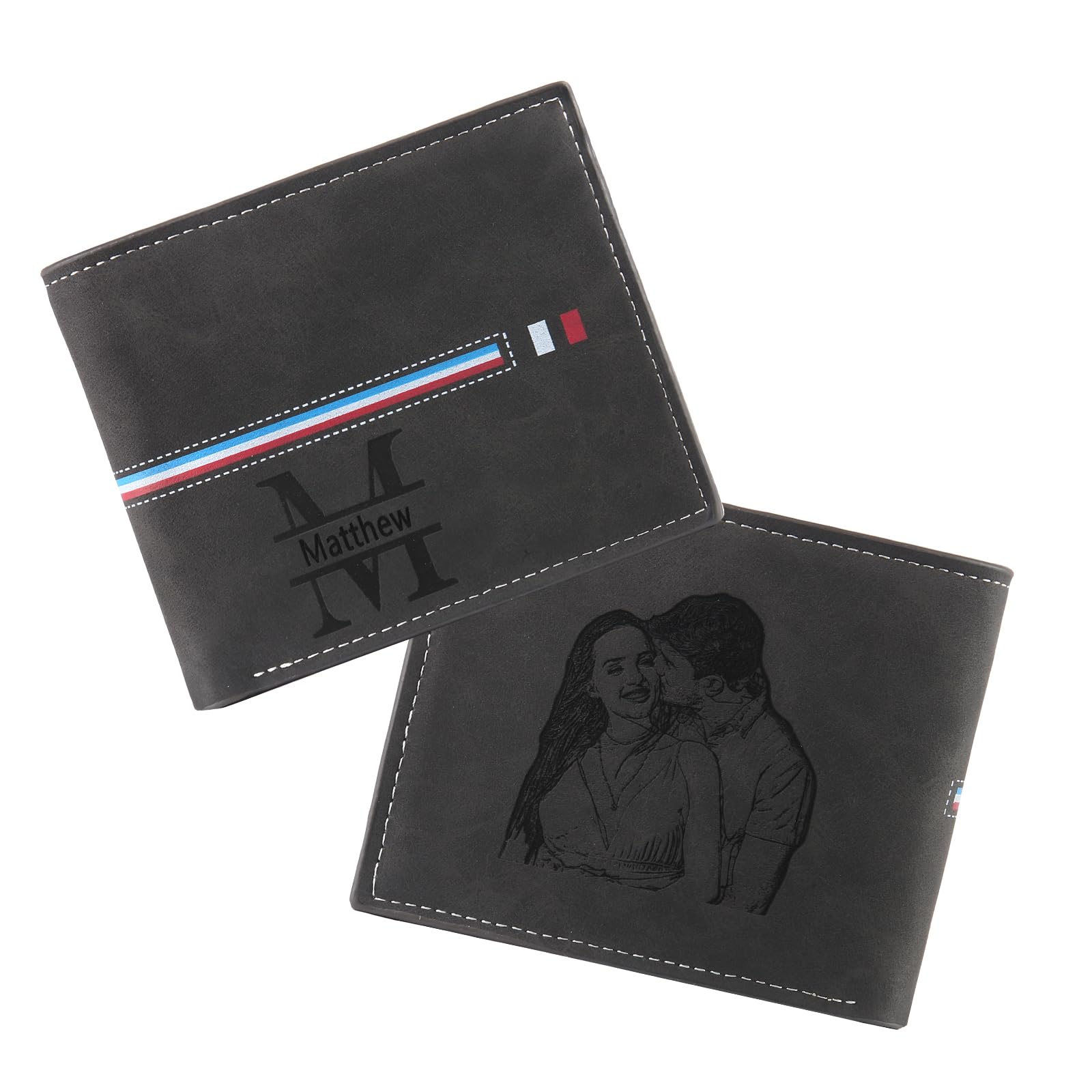 Portefeuille Personnalisé pour Homme, Portefeuille en Cuir Gravé des Initial et du Nom, Portefeuille RFID pour Homme, Cadeau Fête des Pères, Cadeaux d'anniversaire pour Mari (Noir)