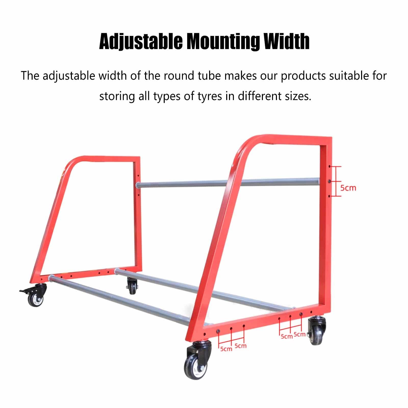 SDdPulse Supporto per pneumatici in metallo, regolabile, con ruote, per casa, garage, auto, concessionari di auto, scaffalature da officina a pavimento, rosso, 127 x 60 x 60 cm