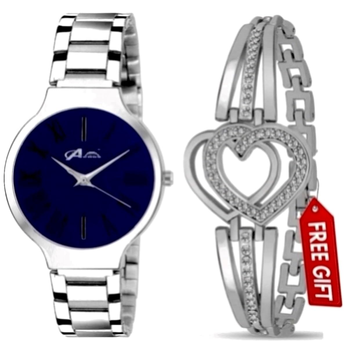 Acnos® Premium Womens Branded Analog Watch Dial Blue Stainless Steel Band Watch with Heart Diamond Bracelet, Silver, Pack of 2 (B096W38Z42) Amazon Price History, Amazon Price Tracker