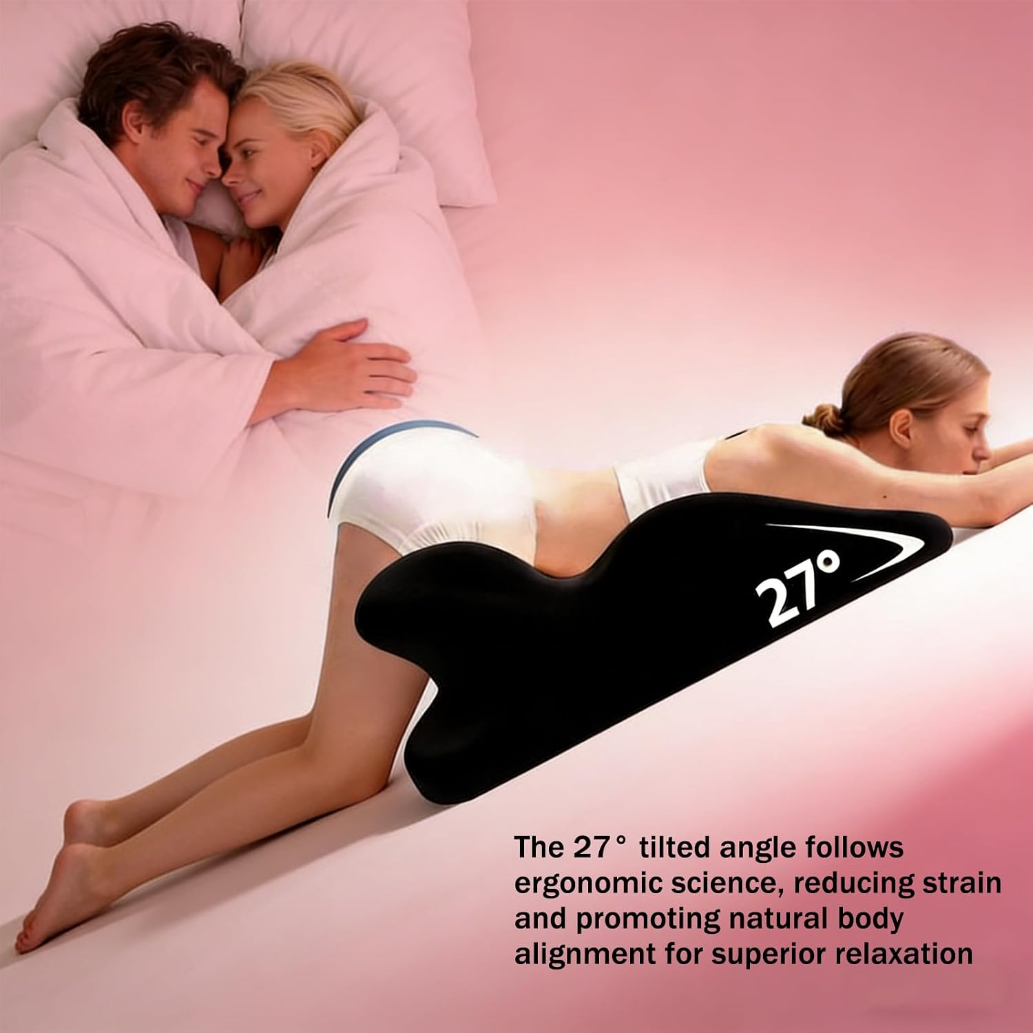 Couples Wedge Pillow, 27° Ergonomic Design for Intimacy and Cuddle Support, Memory Foam Contour for Back and Neck, Prone Rest with Non Slip Base, Pink