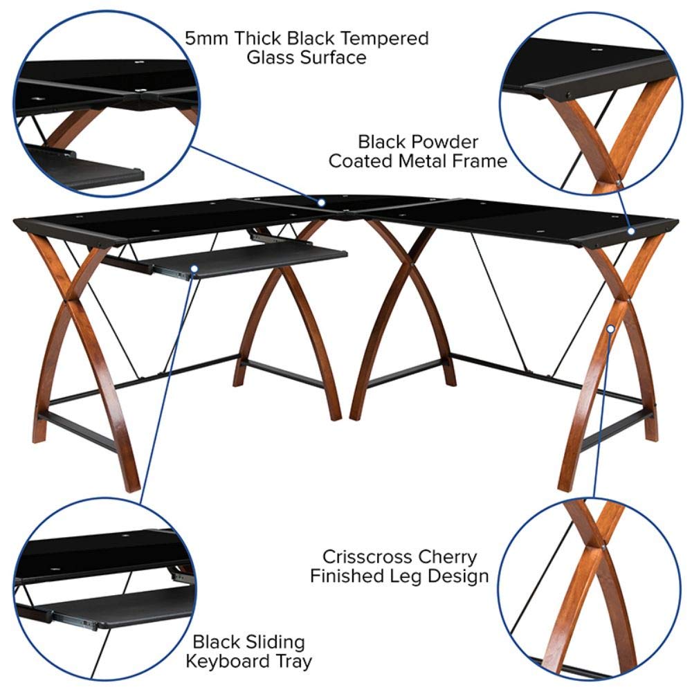 Flash Furniture Escritorio esquinero de Cristal en Forma de L con Bandeja extraíble para Teclado, Metal, Negro, 83 Pulgadas de Ancho x 23.5 Pulgadas de Profundidad x 29 Pulgadas de Alto