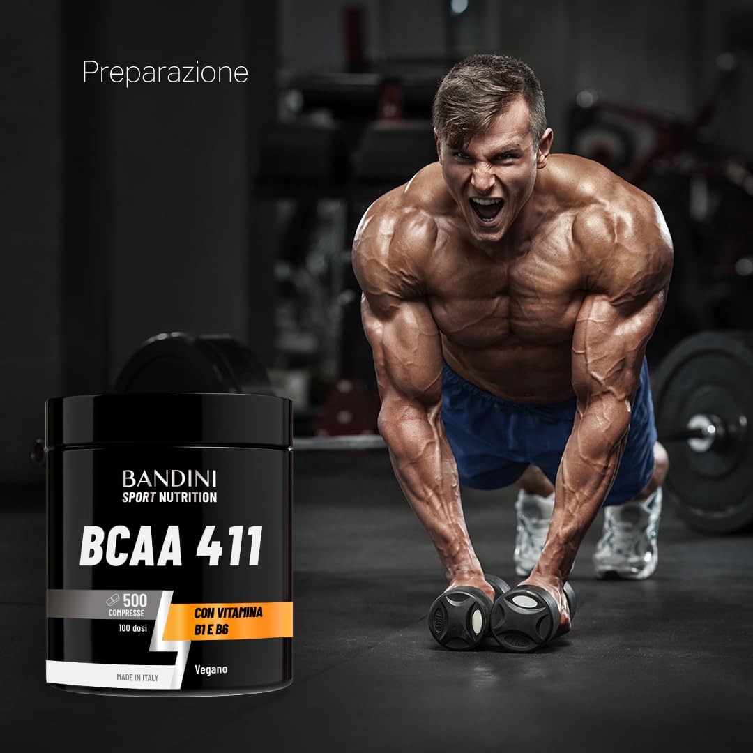 Bandini® AMINOACIDI RAMIFICATI BCAA 4 1 1 | 500 Compresse di Amminoacidi Fermentati con Vitamina B1 e B6 | 4.1.1 con Leucina, Isoleucina, Valina | Intra Pre Post Workout - Per Palestra e Sport - Vegan