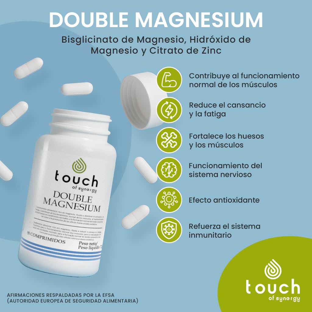 DOUBLE MAGNESIUM 1000mg – Bisglicinato, Hidróxido y Citrato de Magnesio + Zinc – Suplemento para Energía, Músculos, Huesos y Sistema Nervioso – 90 comprimidos