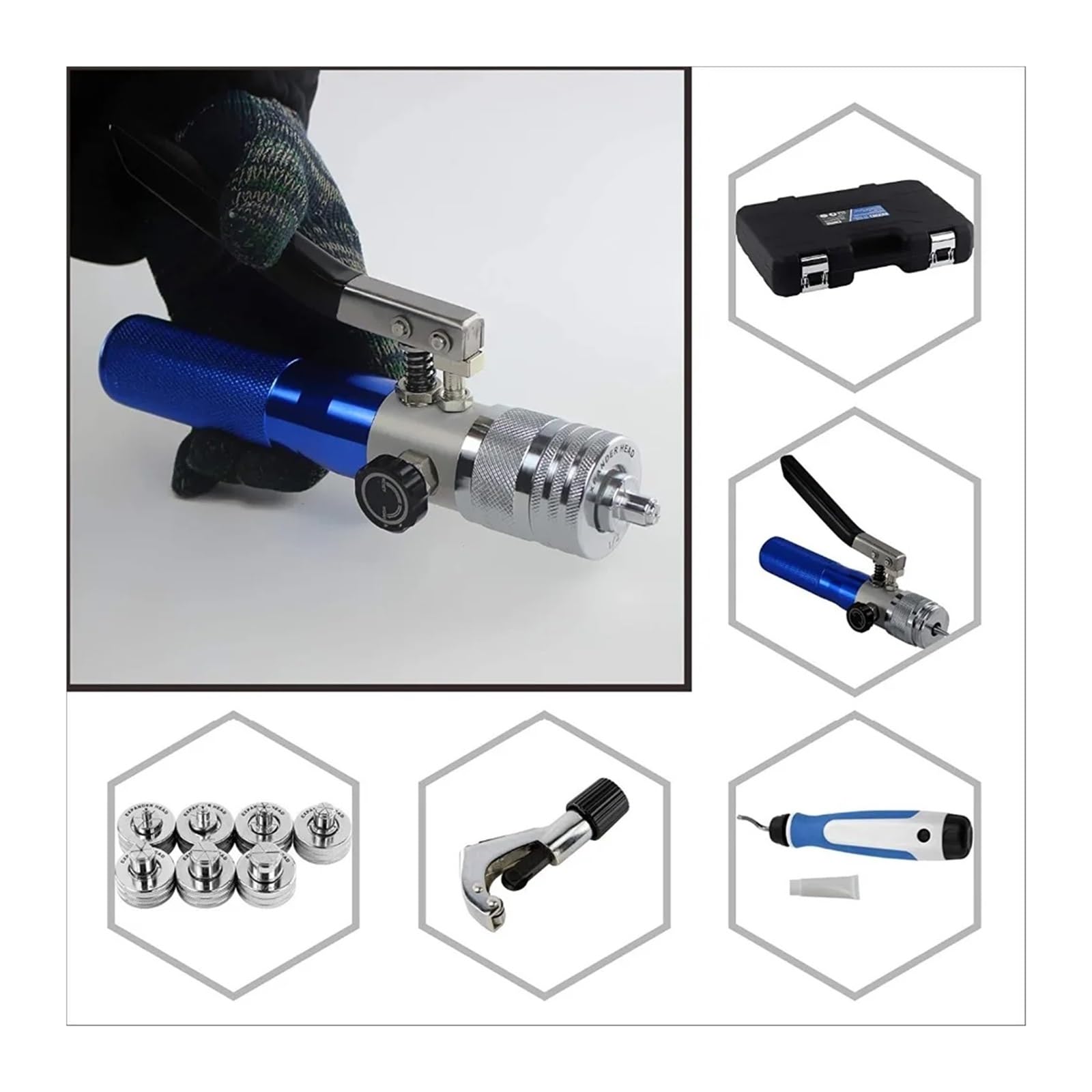 Zestaw narzędzi do hydraulicznego zaciskania i rozszerzania rur miedzianych o zakresie od 1/2" do 11/8" (zestaw 7 głowic) nadaje się do zastosowań motoryzacyjnych, budowlan