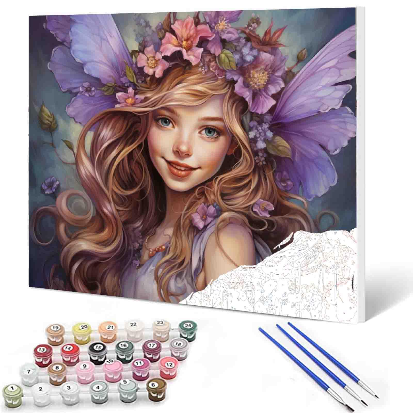 Purple Angel DIY Painting by Number for Beginner Delicate Dolls with Wreath Paint by Numbers on Canvas Easy to Paint Artwork with Brushes and Paints for Home Decor 16x20inch（Without Frame ）