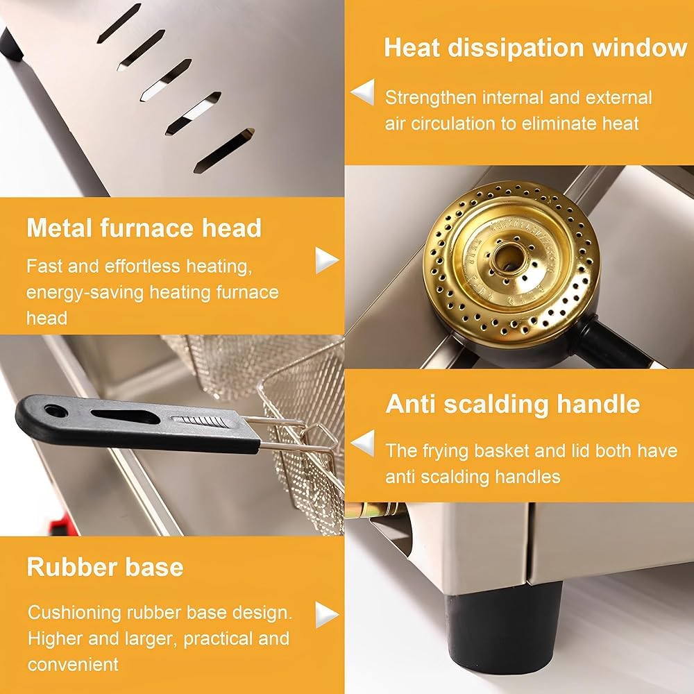 Friggitrice a gas di grande capacità, in acciaio inox, per uso domestico e commerciale, potenza di fuoco regolabile, con cestini e coperchi, per patatine, ciambelle, pesce, facile da pulire