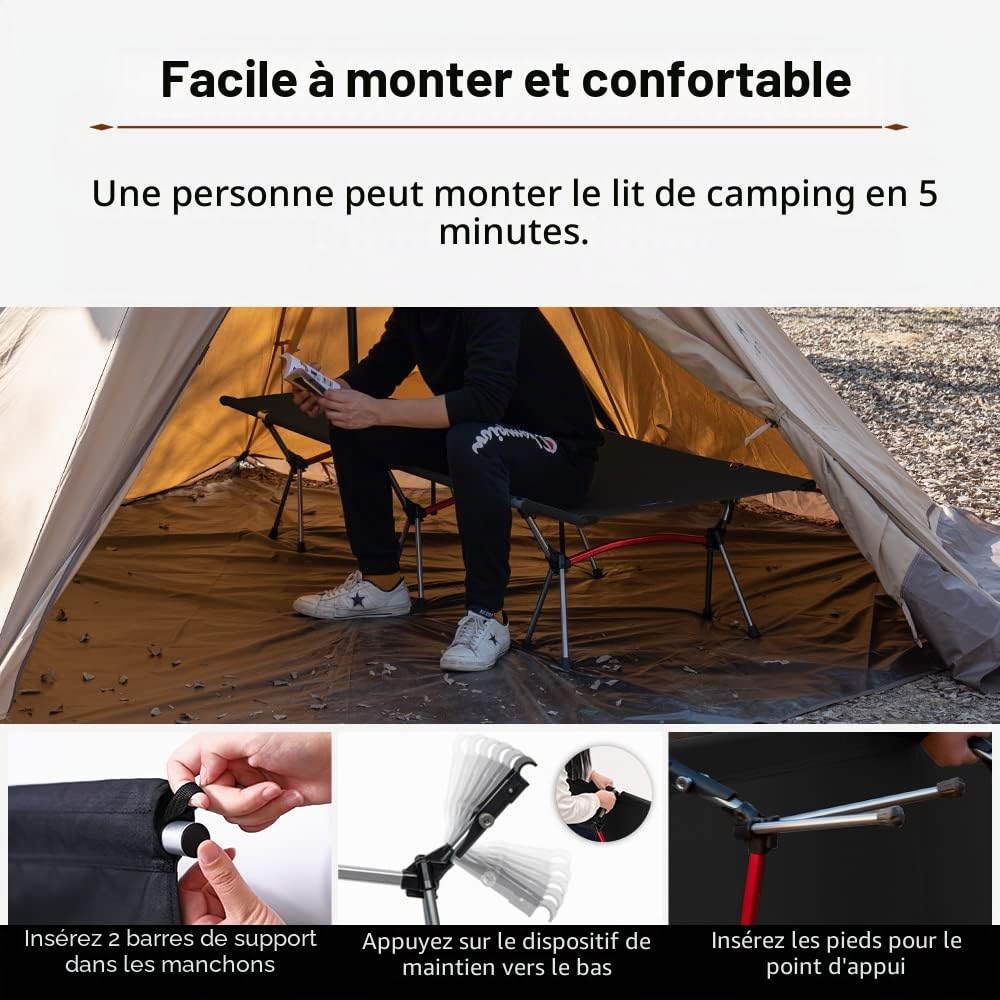 TOMOUNT Lit de camp léger en alliage d'aluminium compact pour balcon, jardin, tente, randonnée en plein air