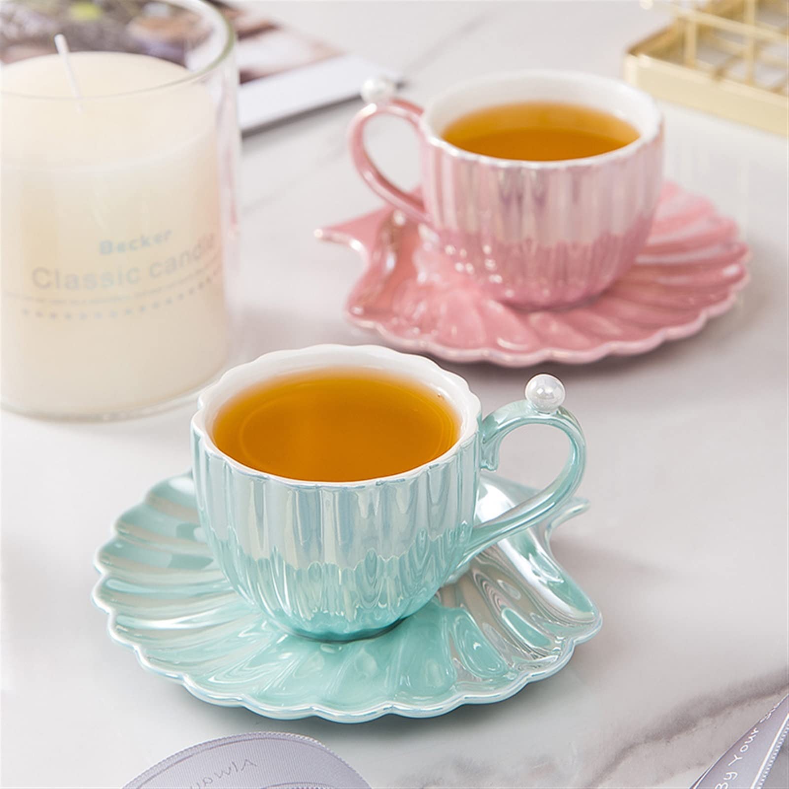 Teetassen Nordic Pearl Weiß Rosa Grüne Meer Shell Cups und Saucer Keramik Kaffee oder Teeschale Set Beste Geschenkideen Küche Home Büro Dekor Becher (Color : Pearl Pink)