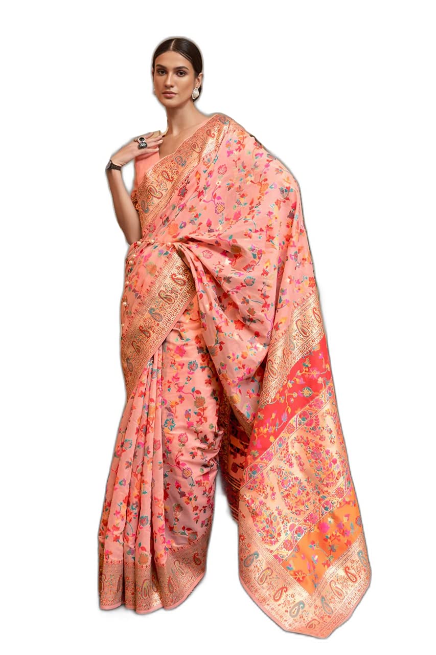 DEVANGI Women's Kashmiri Pure Cotton Silk Woven Banarasi Kanjivaram Silk Saree With Blouse Piece, Salmon Peach, Free Size