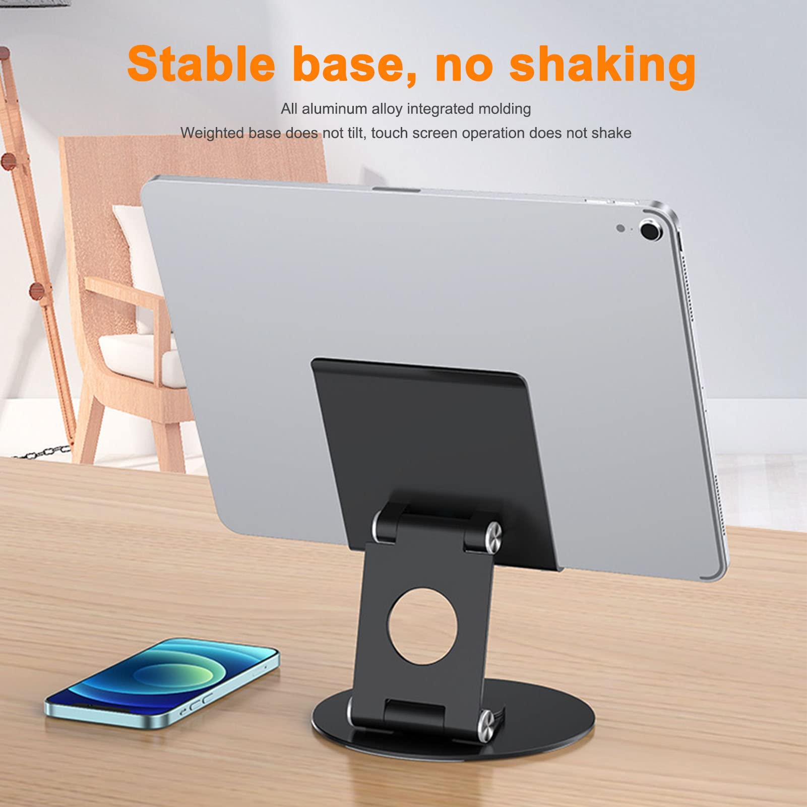 Supporto pieghevole per telefono con rotazione a 360 gradi, supporto da scrivania in alluminio ad altezza regolabile, base stabile per laptop fino a 17,3 pollici e smartphone (Nera)