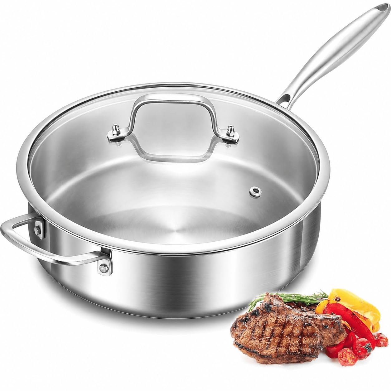 Nontoxicook 28cm 5.2L Fully Clad Tri-Ply Stainless Steel Sauté Pan with Lid