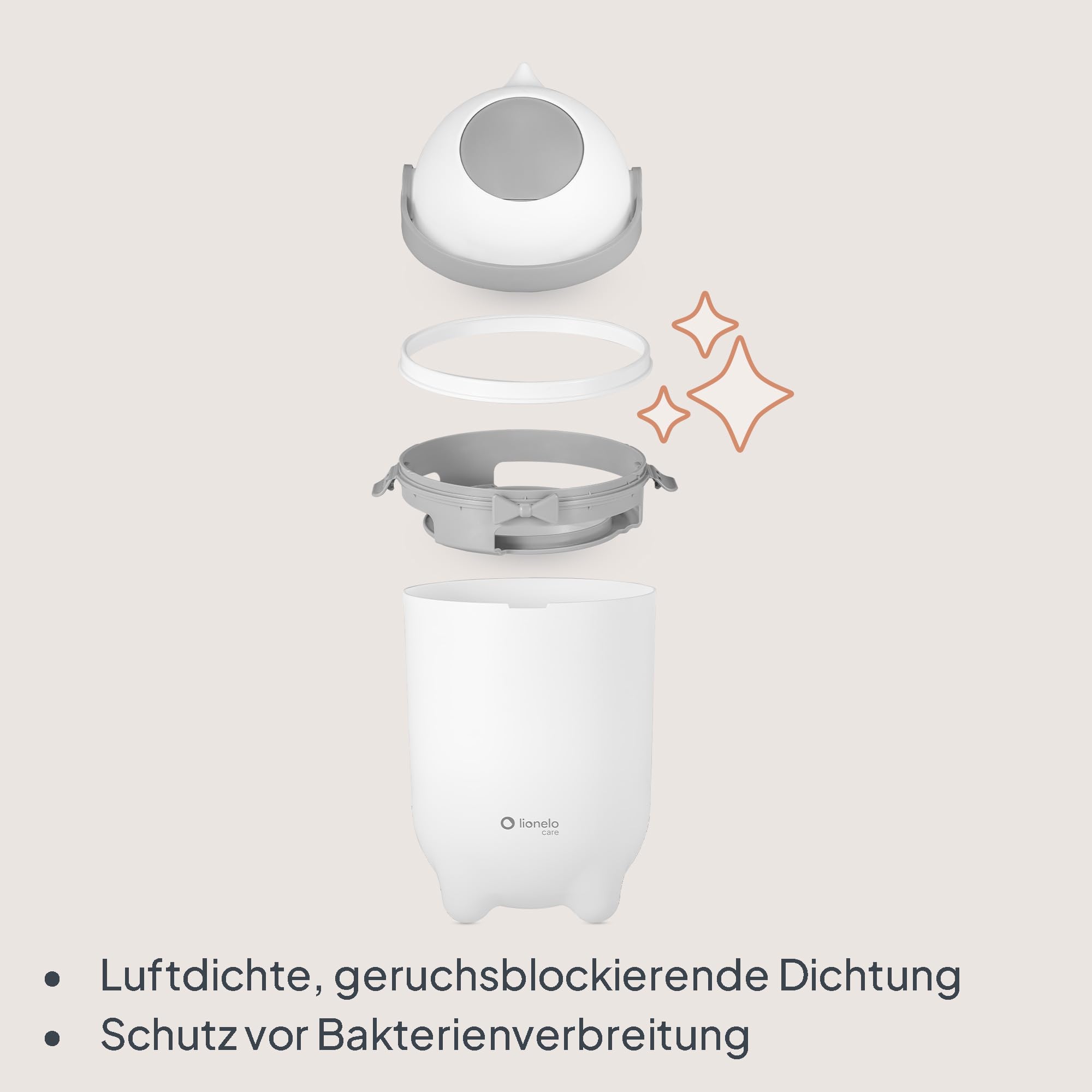Lionelo Purebin – Windeleimer geruchsdicht, für universelle Beutel (ohne Kassette), Einhand-Bedienung, 10 L – hygienischer Windelbehälter für Babyzimmer