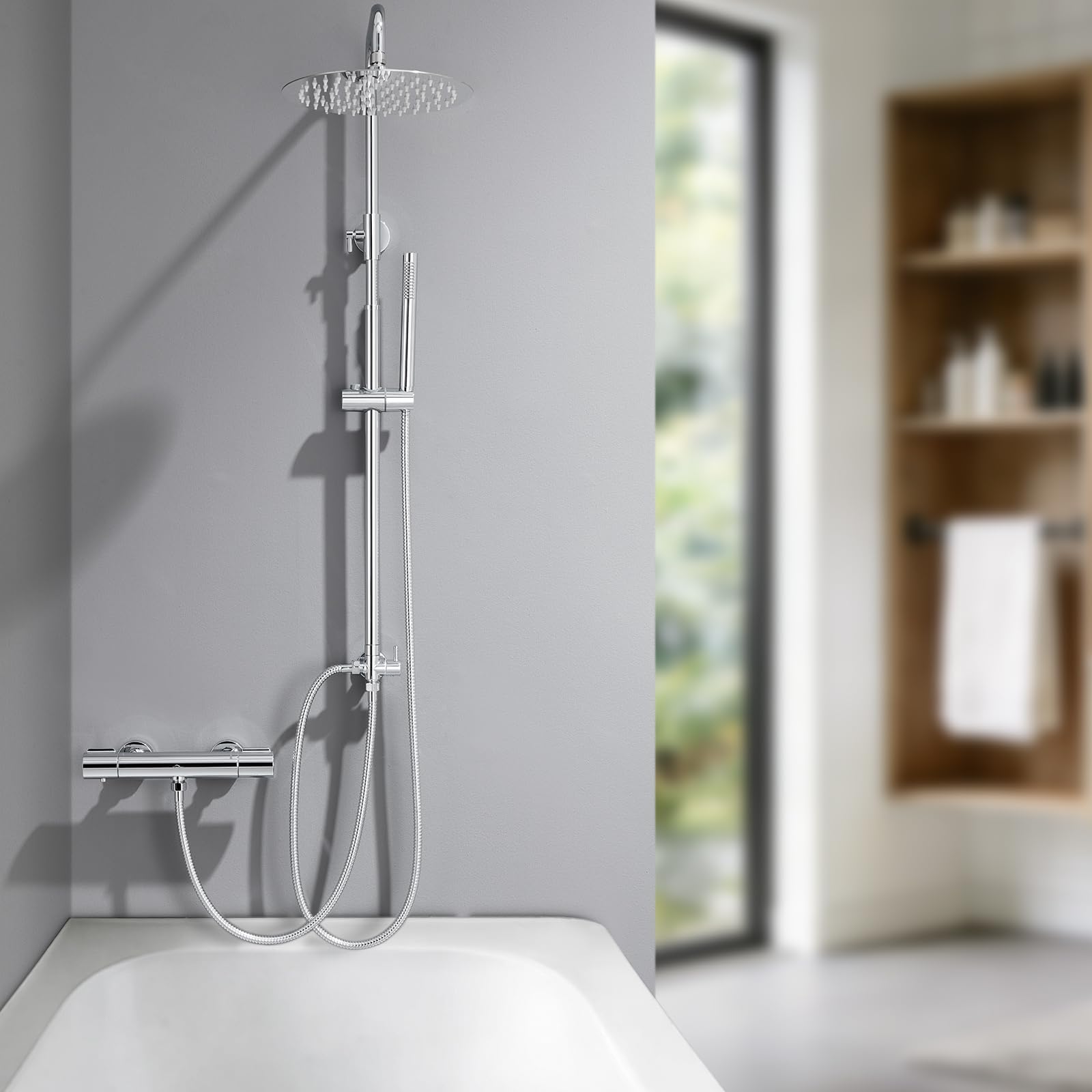 Auralum Columna Ducha sin Grifo, Set de Ducha con Cabezal de Ducha Lluvia 30×30 cm Cuadrado Acero Inoxidable, Alcachofa, Barra de Ducha Altura Regulable 68-108cm,válvula desviadora de Latón,Cromo — view 13