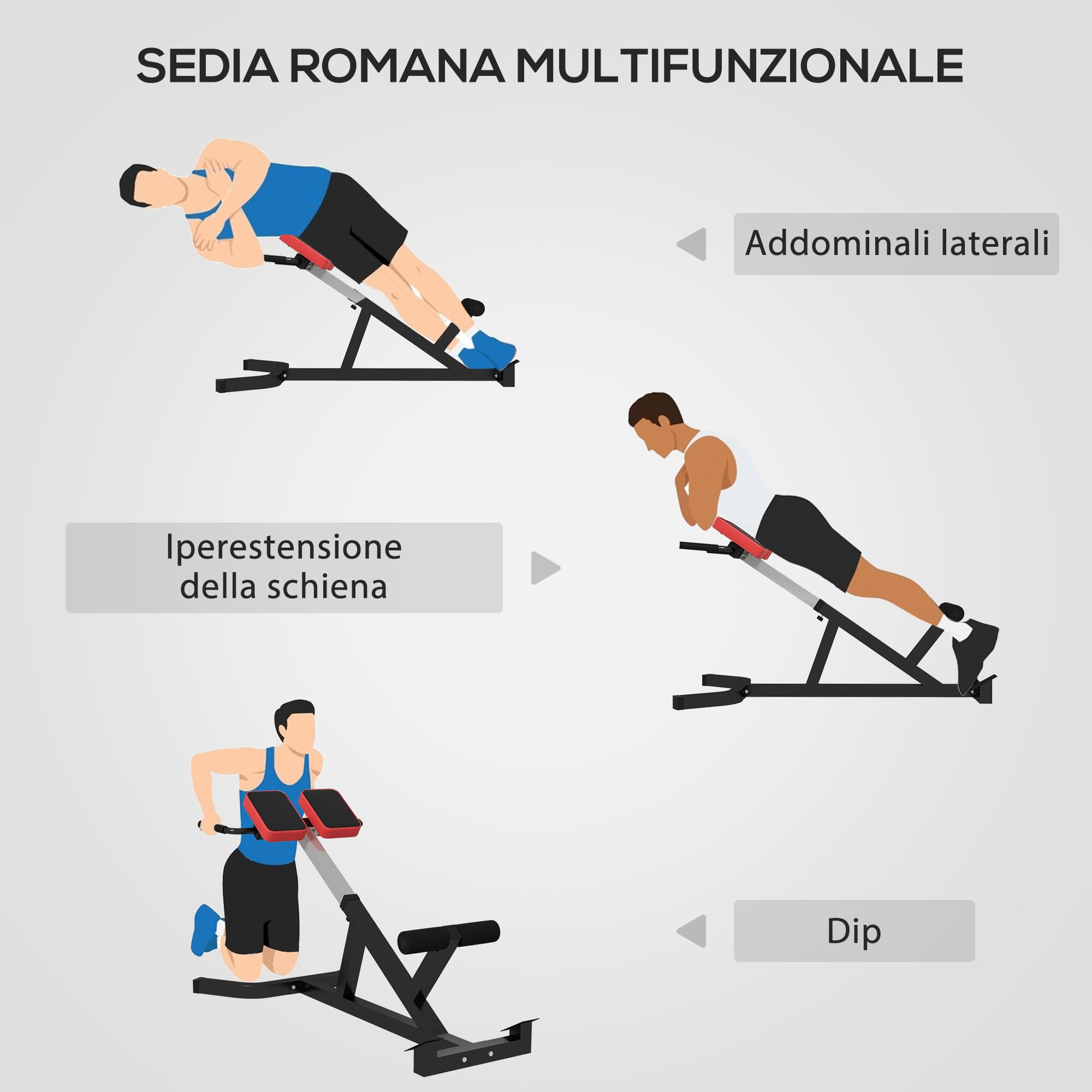 SPORTNOW Panca Romana Multifunzione, Sedia Romana con Altezza Regolabile per Iperestensioni Schiena, Panca Addominali Pesi Fitness per Allenamento Palestra Casa, Capacità 120kg