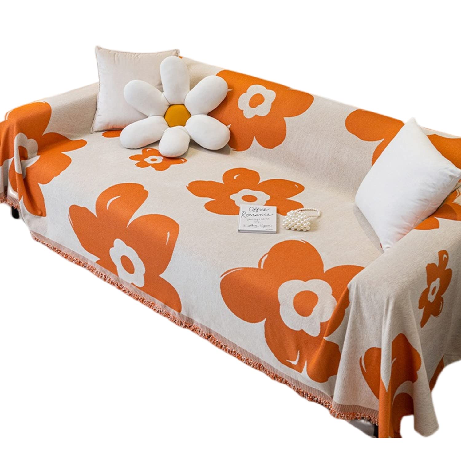 Housse de canapé imprimée à pompons 180x320 cm extensible pour protection de meuble