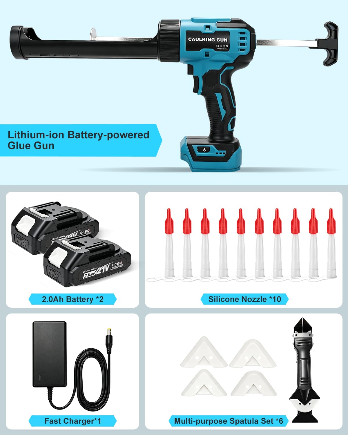 Prensa de cartuchos eléctrica con 2 baterías de 2,0 Ah, 4 velocidades, pistola de silicona para cartuchos de 300 ml, para sellar, espátulas, a prueba de fugas