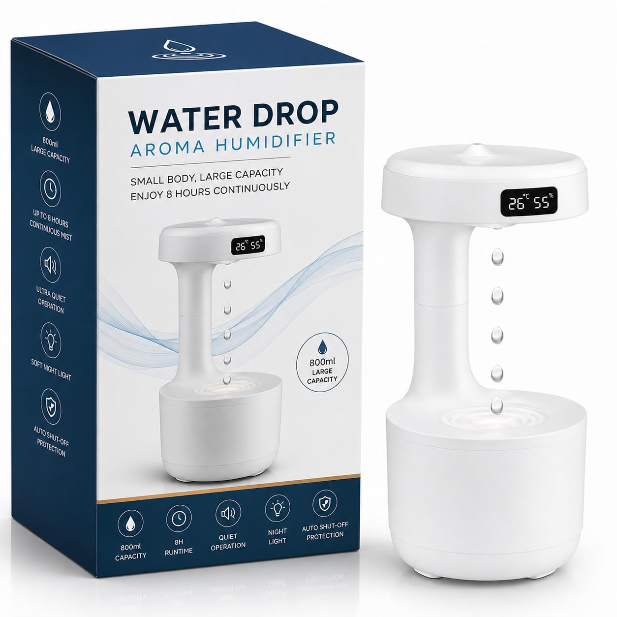 Water Drop Aroma Humidifier 800ml Large Capacity - Anti Gravity Cool Mist with LED Display and Auto Shut Off for Bedroom and Office-image-45