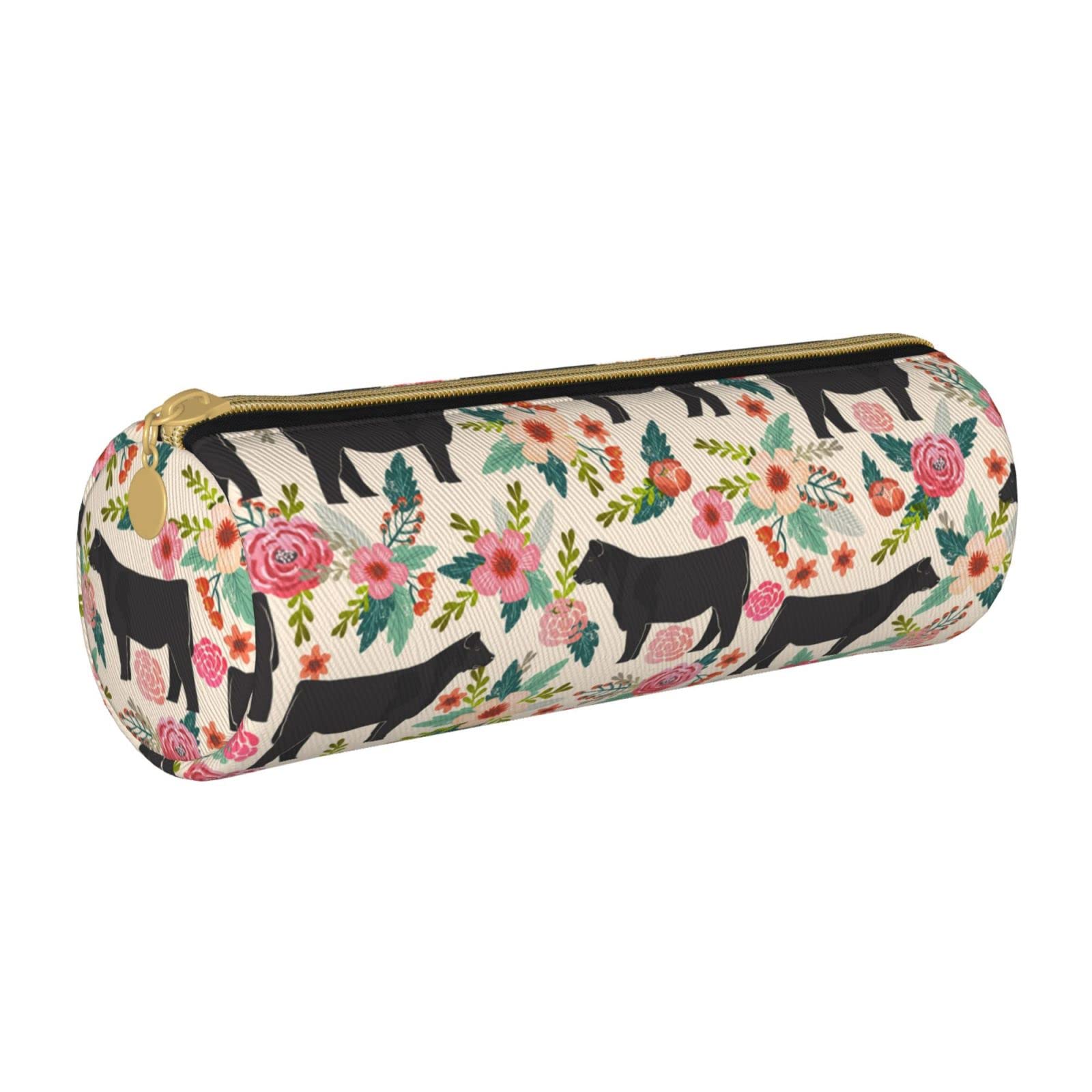 AABSTBFM Pink Flower Show Steer Cows Cattle Printed Round Pencil Case Cute Leather Zipper Pen Pencil Pouch Bag for School, Office, and Travel