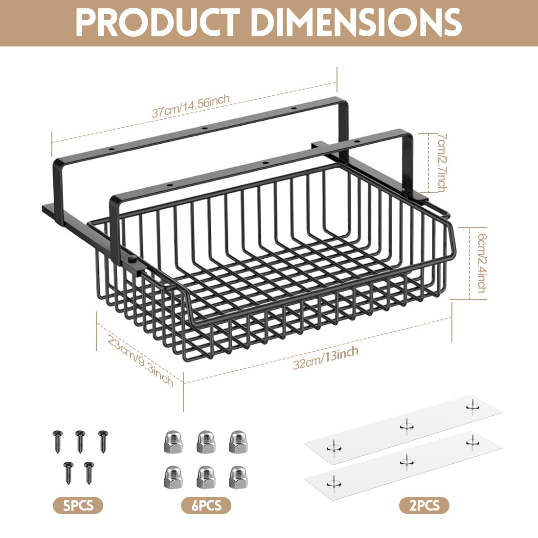 Cassetto organizer sottoscrivania in metallo 37×25×11cm nero, cesta portaoggetti da fissare sotto piano per ufficio casa scuola