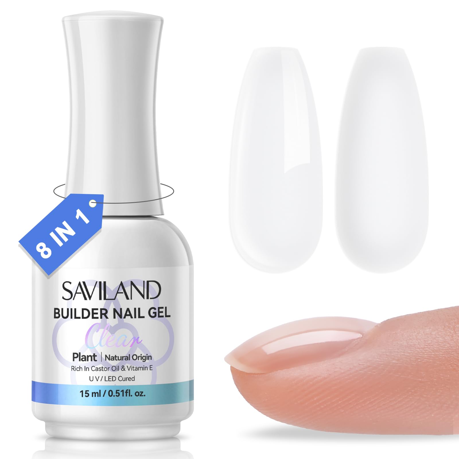 SAVILAND Clear Builder Nail Gel: 8 in 1 Gel Builder for Nails with Vitamin E & Castor Oil, Plant-Based Nail Strengthener Thickening Extension Gels in a Bottle Fix Curved Nails Home Nail Art DIY