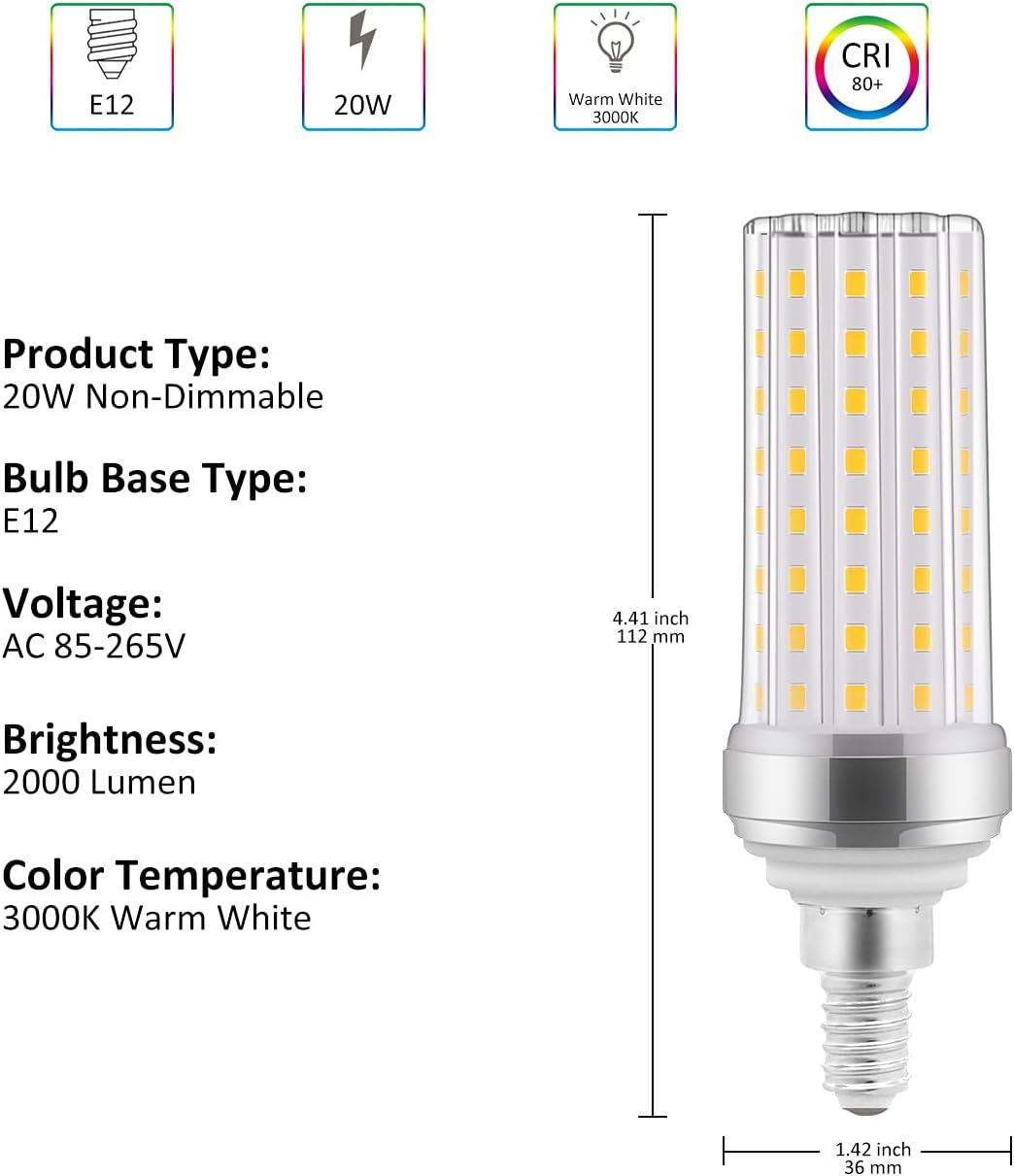 E12 LED Bulb, 20W Candelabra LED Light Bulbs 150 Watt Equivalent, Warm White 3000K, Ceiling Fan Light Bulbs,2000lm,Non-Dimmable,LED Chandelier Bulbs for Ceiling Fan,Home Lighting,4 Pack