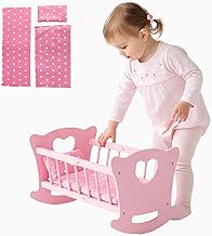 Kinderplay Wooden Doll Crib with Bedding Set, Rocking Bed for Dolls up to 49.5 cm, Durable Wooden Toy for Girls from 3 Years, Doll Bed with Mattress, Cushion and