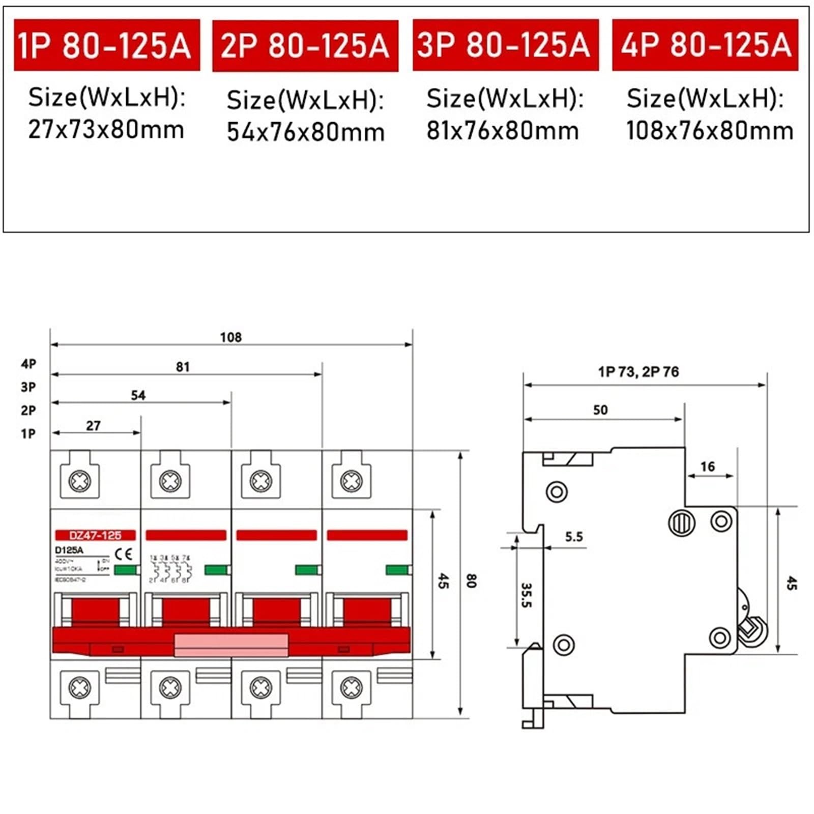 Wyłączniki AC 2P 3P 4-biegunowy 40A/50A/63A/100A/125A MCB ochrona elektryczna do domu wyłącznik główny (3P, 40A)