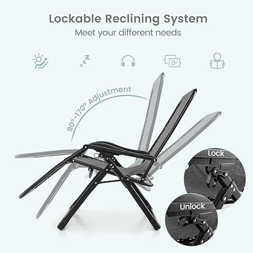 Miniatura 4 de Giantex Silla Zero Gravity con cojines de patio, silla reclinable plegable ajustable con almohada y soporte para tazas, sillón reclinable de césped