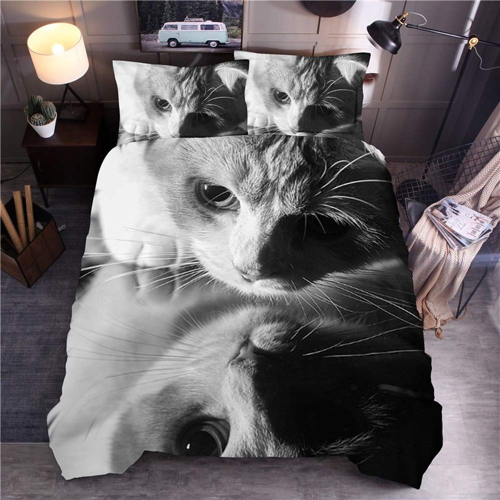 Housse de couette chat 3D noire et blanche 200x230 cm avec taies