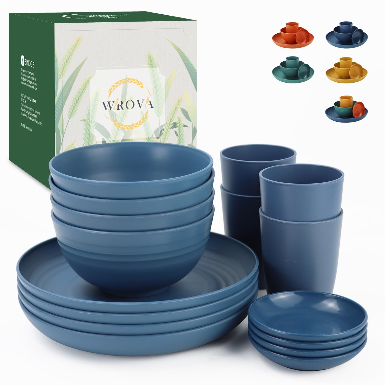 Wrova Reusable Plastic Plates and Bowls Sets of 16 Dinner Set - Unbreakable Plates Sets, Blue, 16 PCS