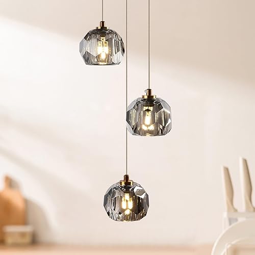 Moderno candelabro de cristal en humo, lámparas colgantes de latón de lujo para isla de cocina, lámpara colgante de techo de gota de lluvia para