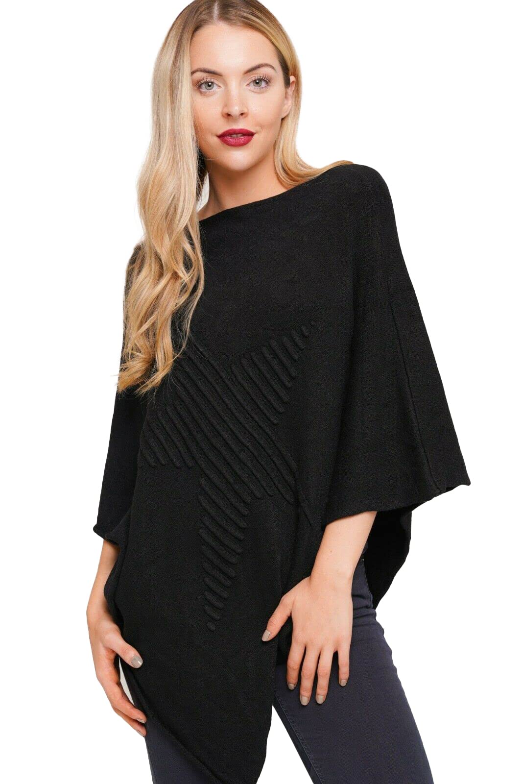 Womens Check Printed Ladies Stretch Knitted Collared Cape Wrap Shawl Jumper Poncho Top (Star Black)