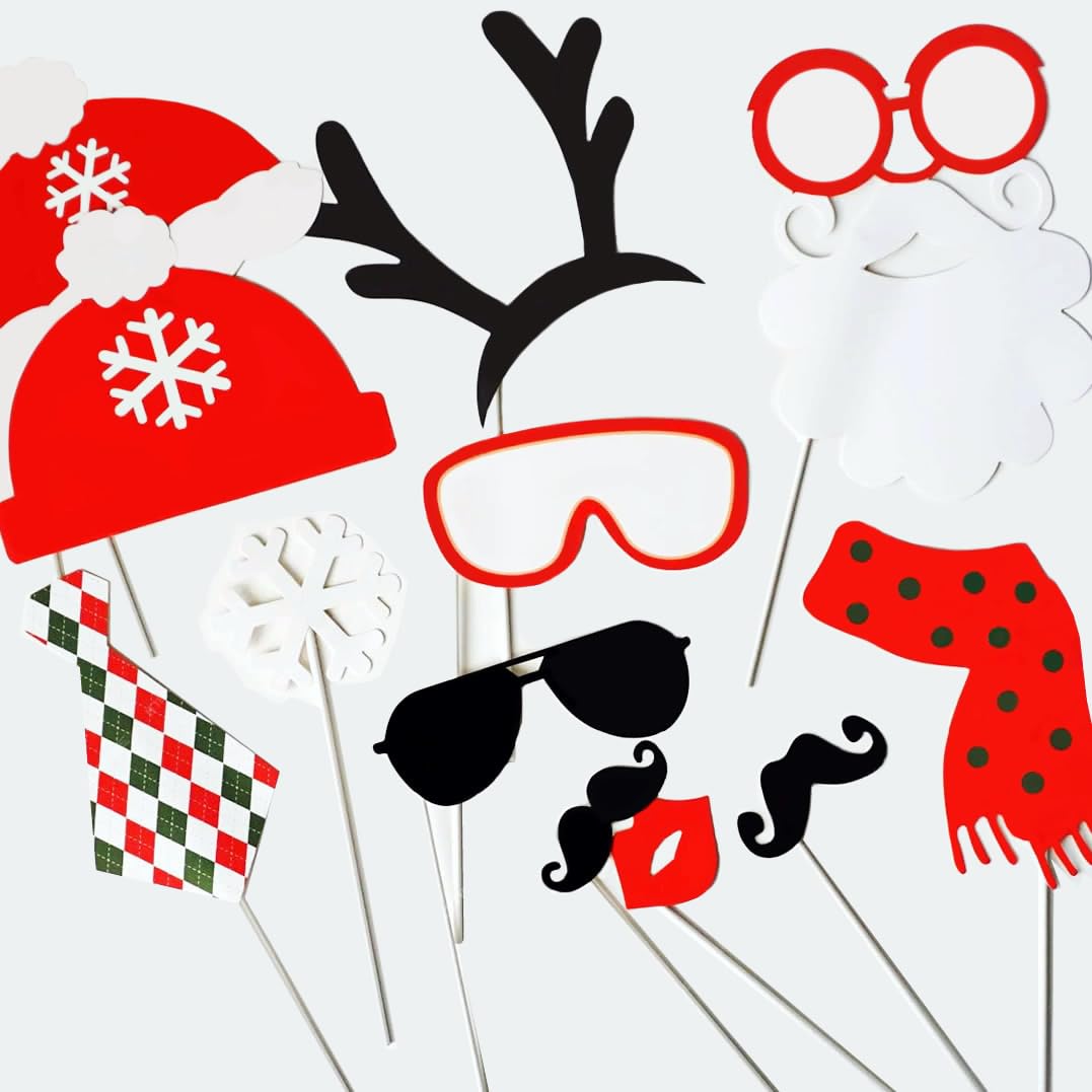Set of 12 Christmas Themed Photo Props | Xmas DIY Selfie Booth Party Prop Decorations