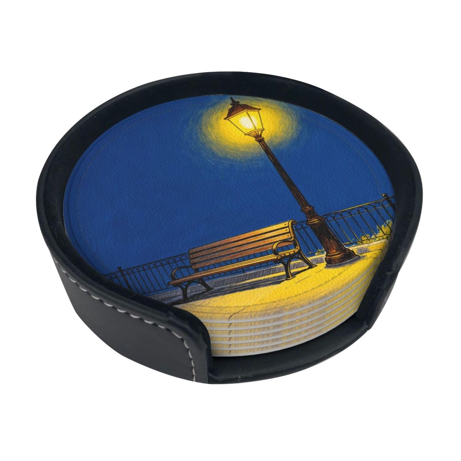 Cntdbu White Street Lamp Bench Leather Coasters Set Of 6-Pu Leather Drink Mats For Table, Heat Resistant Round Coasters With Holder