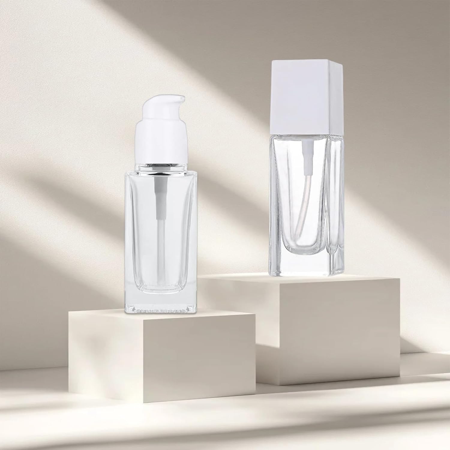 1oz Square Glass Foundation Bottles,Empty Square Lotion Pump Bottle Cosmetic Travel Foundation Essence Emulsion Samples Dispenser Container (Clear/White lid, 1 OZ)