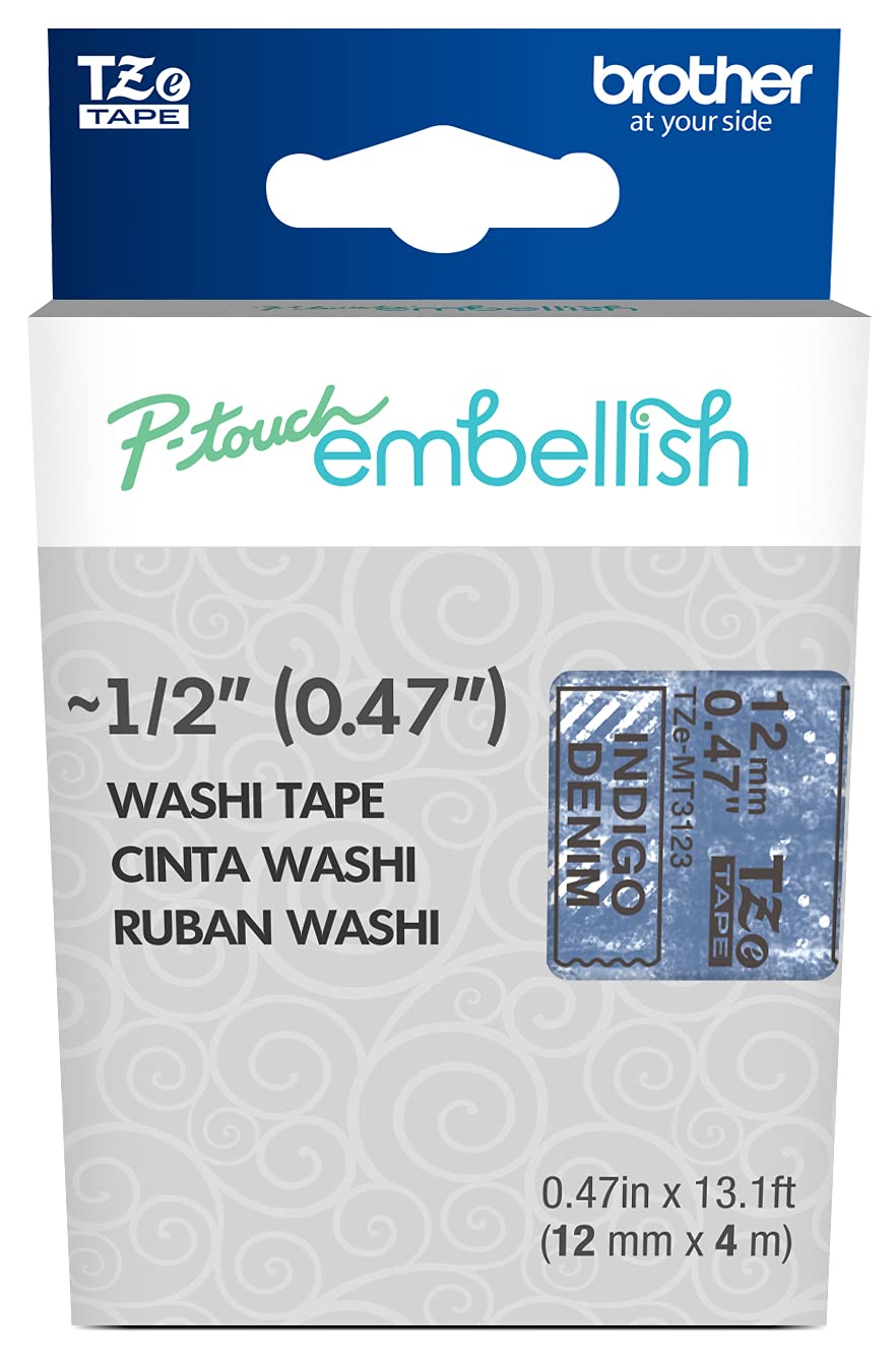 Brother P-Touch Embellish Black Print on Indigo Denim Washi Tape TZeMT3123 - ~~½” Wide x 13.1’ Long for use with P-Touch Embellish Ribbon &amp; Tape Printer