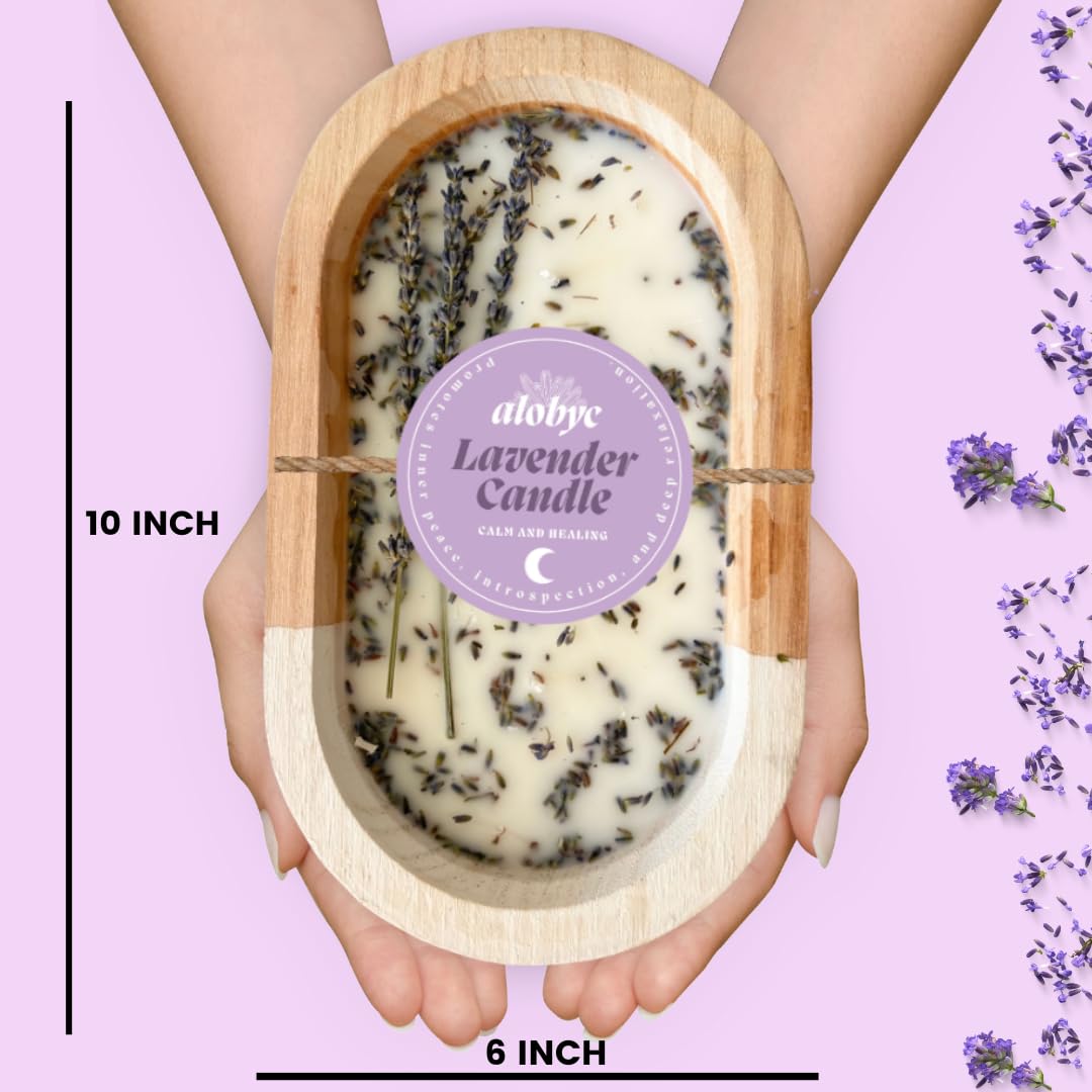 Wood Dough Bowl Candles with Lavender Scent, 3-Wick, Wooden Dough Bowl Wax Soy Candle,Made in USA, Size L10 x W6, 16 oz, ALOBYC (Lavender)