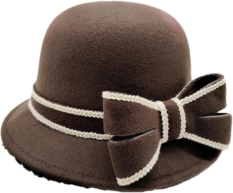ERFMFKL Women Wool Felt Bucket Hat with Brim Female Bow Fedoras Hats Floppy Warmer Solid Caps