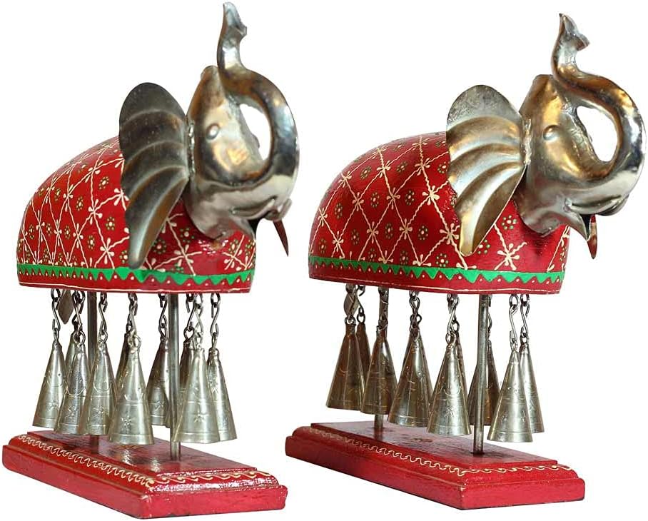 Indune Lifestyle Hand Painted Wood and Metal 10 Bell Elephant/Traditional Kacchi-Ghodi/Elephant-Dance Showpiece Figurine/Vintage Wooden Painted Elephant Statue with Bells-Home Décor, Set of 2 (Red)