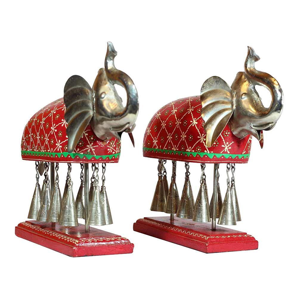 Indune Lifestyle Hand Painted Wood and Metal 10 Bell Elephant/Traditional Kacchi-Ghodi/Elephant-Dance Showpiece Figurine/Vintage Wooden Painted Elephant Statue with Bells-Home Décor, Set of 2 (Red)