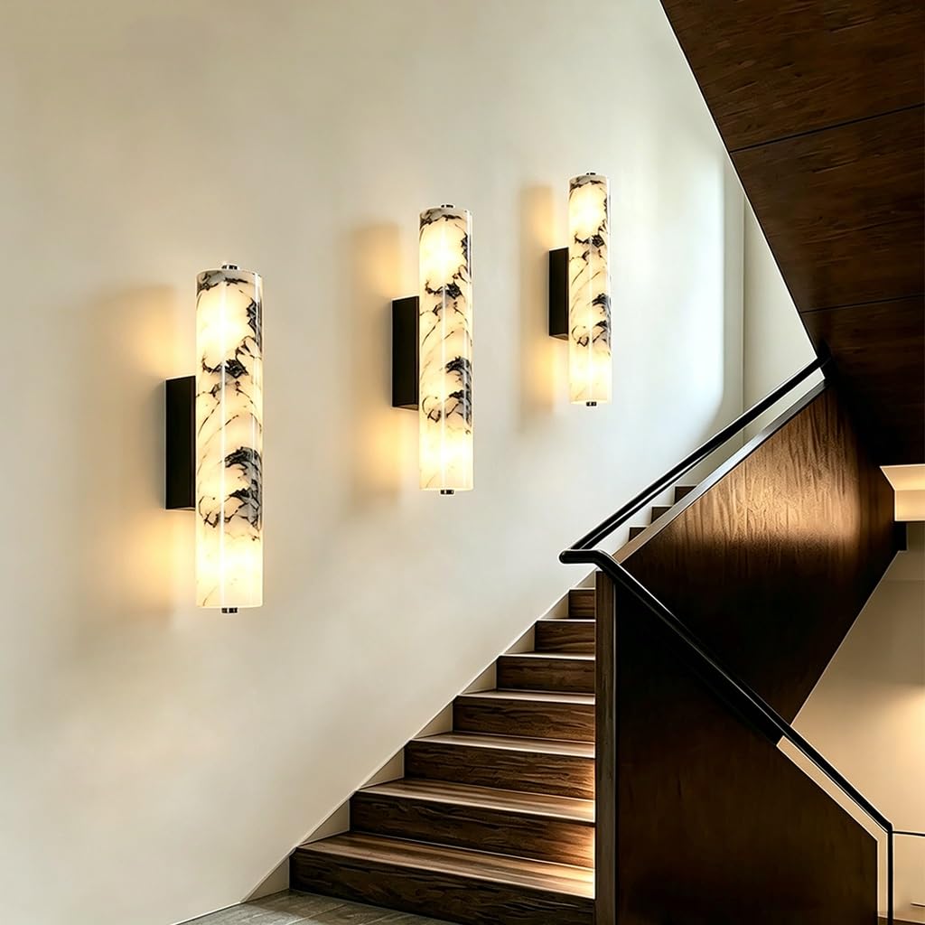 Nowoczesna Minimalistyczna Pionowa Cylindryczna Lampa Ścienna Z Marmuru LED Lampa Ścienna Z Półprzezroczystego Kamienia O Żyłach Liniowa Oprawa Oświetleniowa Do Salonu I Korytarza(2-light)