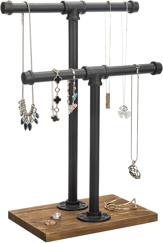 MyGift Adjustable 2-Tier Industrial Jewelry Display Stand | Rustic Metal Pipe & Brown Wood Base for Necklaces, Bracelets, Watches - Home & Boutique Decor (11.75"H)