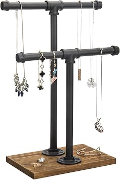 MyGift Adjustable 2-Tier Industrial Jewelry Display Stand - Rustic Metal Pipe & Brown Wood Base for Necklaces, Bracelets, Watches - Home & Boutique Decor 11.75" H